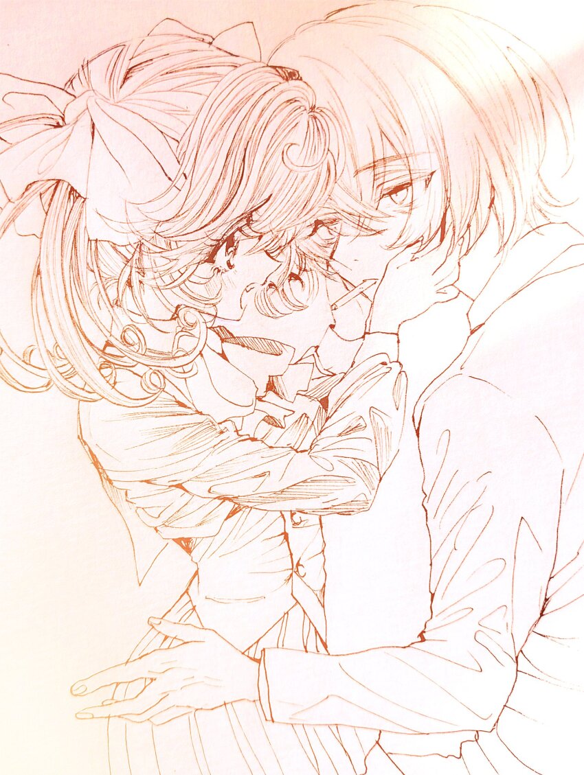 1boy 1girl aya_carmine bow cigarette commentary_request expressionless eye_contact formal_clothes hair_bow hands_on_another&#039;s_face highres hitomi_hirosuke_(sayonara_wo_oshiete) looking_at_another millipen_(medium) monochrome nib_pen_(medium) open_mouth pen_(medium) sayonara_wo_oshiete school_uniform skirt suit tamachi_mahiru traditional_media twintails vest