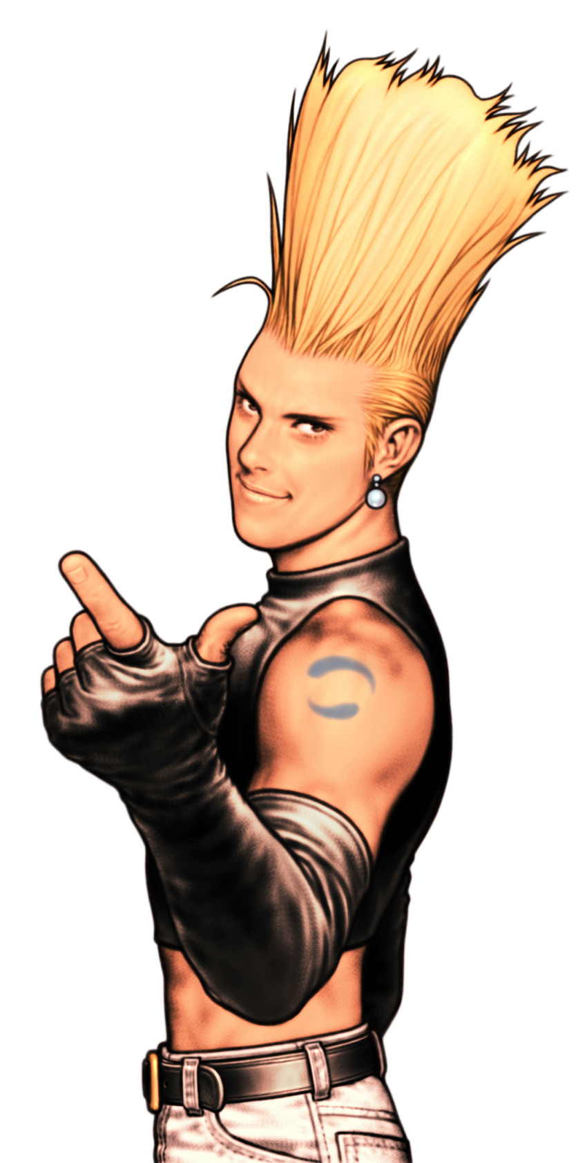1boy belt blonde_hair capcom capcom_vs_snk_2 crop_top earrings elbow_gloves fingerless_gloves from_side game_cg gloves highres jewelry long_hair looking_to_the_side male_focus mori_toshiaki muscular nikaidou_benimaru non-web_source official_art pants pointing raised_eyebrow smile snk solo the_king_of_fighters white_pants