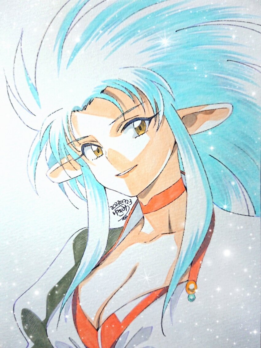 1girl aqua_hair artist_logo breasts choker cleavage dated highres light_smile logo medium_breasts pointy_ears red_choker ryouko_(tenchi_muyou!) sidelocks solo sparkle tenchi_muyou! traditional_media upper_body yellow_eyes yukimitsuki