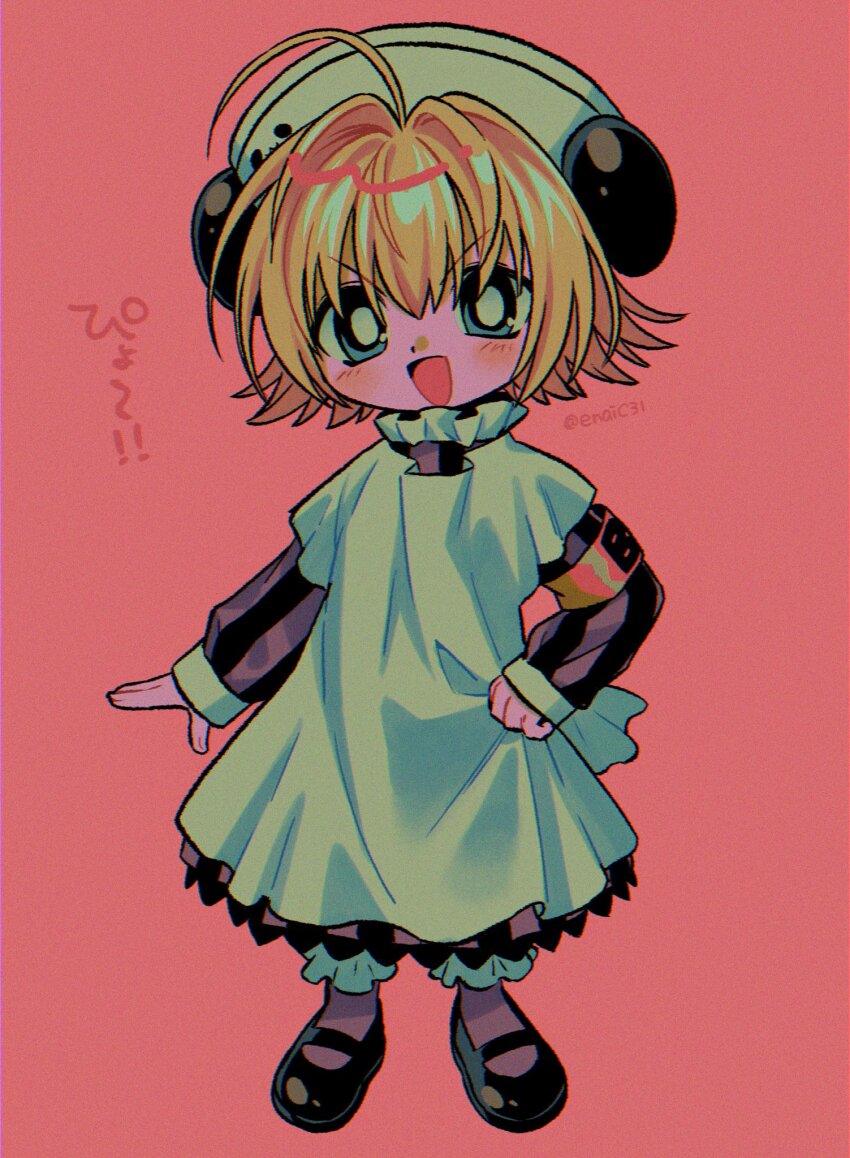 1girl :d ahoge animal_ears apron armband artist_name black_dress black_shoes blonde_hair blue_eyes blush chromatic_aberration commentary_request di_gi_charat dress film_grain full_body grey_dress grey_pantyhose hair_between_eyes hair_intakes hand_on_own_hip hat highres long_sleeves mary_janes menma_(enaic31) nurse_cap open_mouth panda_ears pantyhose piyoko red_armband red_background shoes short_hair smile solo standing striped_clothes striped_dress translation_request v-shaped_eyebrows white_apron white_hat