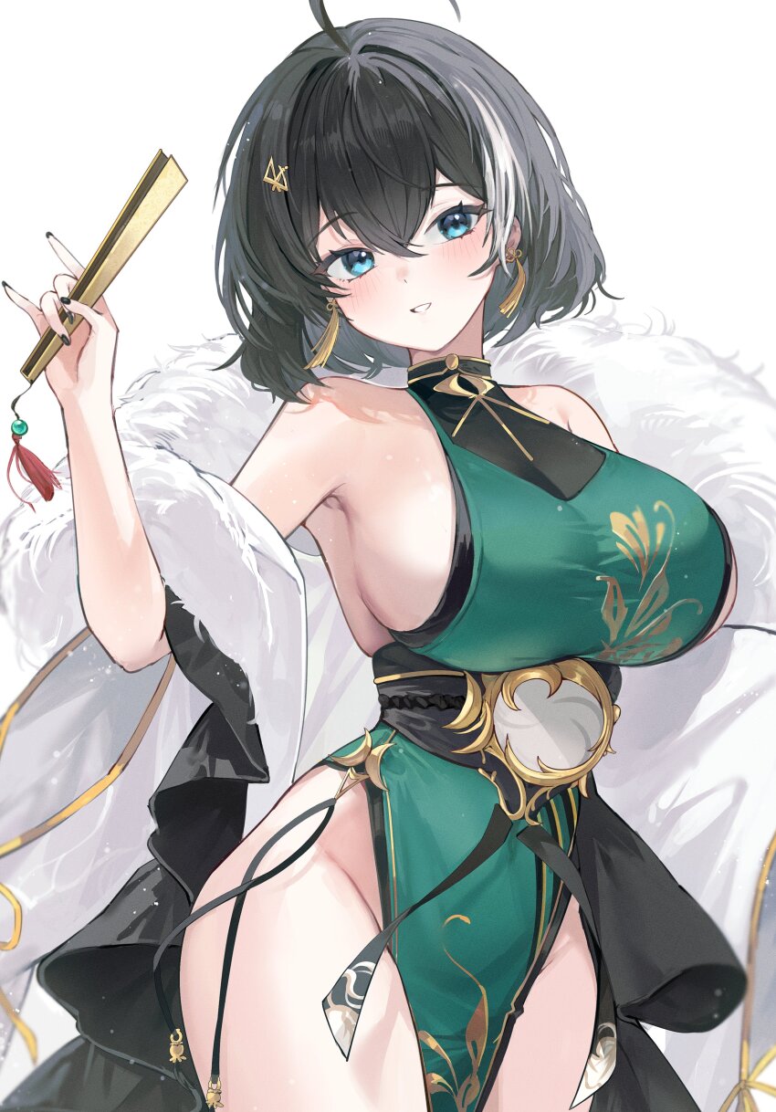 1girl absurdres black_hair blue_eyes breasts cameltoe character_request copyright_request dress fur_trim green_dress gurami_(zangizarang) hand_fan highres large_breasts multicolored_hair pelvic_curtain sideboob sleeveless solo streaked_hair