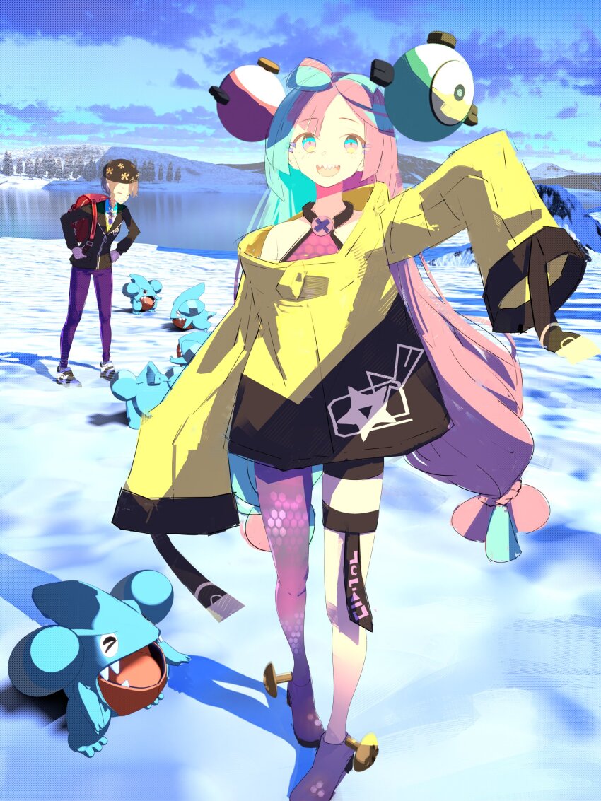 absurdres aqua_hair gen_4_pokemon gible gurumaruhana highres iono_(pokemon) juliana_(pokemon) multicolored_hair nintendo pink_hair pokemon pokemon_(creature) pokemon_sv two-tone_hair