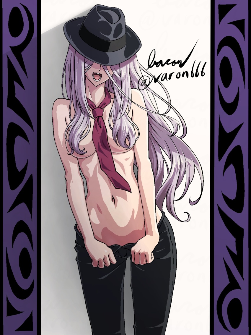 1girl baron_(varon666) between_breasts breasts fuuto_tantei hat large_breasts long_hair navel necktie necktie_between_breasts open_mouth purple_hair solo tokime_(fuuto_tantei) topless_female varon