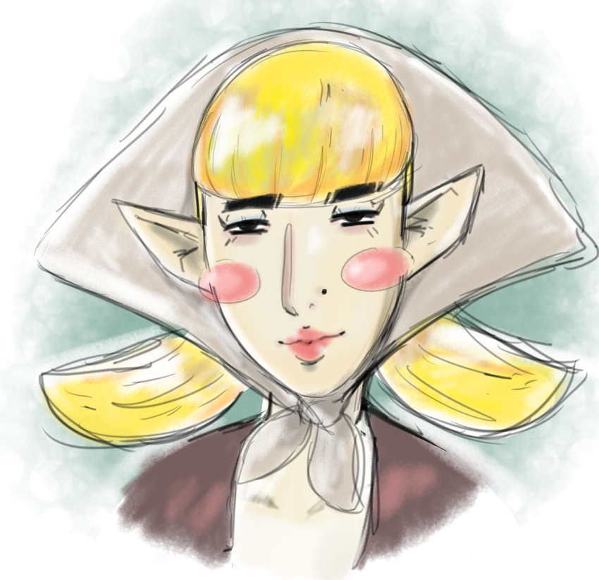 1girl bandana blonde_hair eyeshadow lips lipstick low_twintails makeup medium_hair mole mole_on_cheek nintendo peatrice_(zelda) pointy_ears the_legend_of_zelda the_legend_of_zelda:_skyward_sword thick_lips twintails ugly