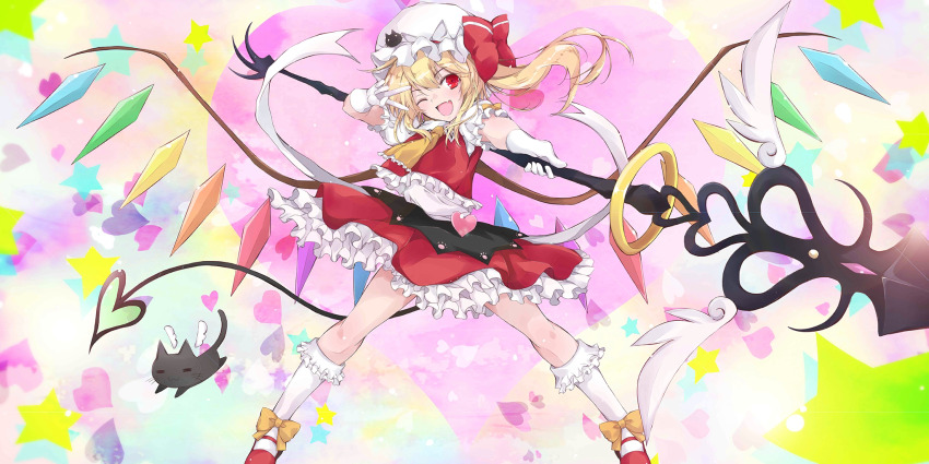 1girl ascot black_cat blonde_hair bow cat cat_hat_ornament commentary crystal crystal_wings embellished_costume english_commentary flandre_scarlet frilled_ascot frilled_skirt frilled_vest frills game_cg gloves hat hat_bow heart highres holding holding_polearm holding_weapon kneehighs laevatein_(touhou) long_hair looking_at_viewer mob_cap multicolored_wings official_art one_eye_closed one_side_up open_mouth polearm puffy_short_sleeves puffy_sleeves red_bow red_eyes red_shoes red_skirt red_vest shirt shoes short_sleeves skirt skirt_set smile socks solo star_(symbol) third-party_source touhou touhou_lostword vest weapon white_gloves white_hat white_shirt white_socks wings yellow_ascot yellow_bow yumesato_makura