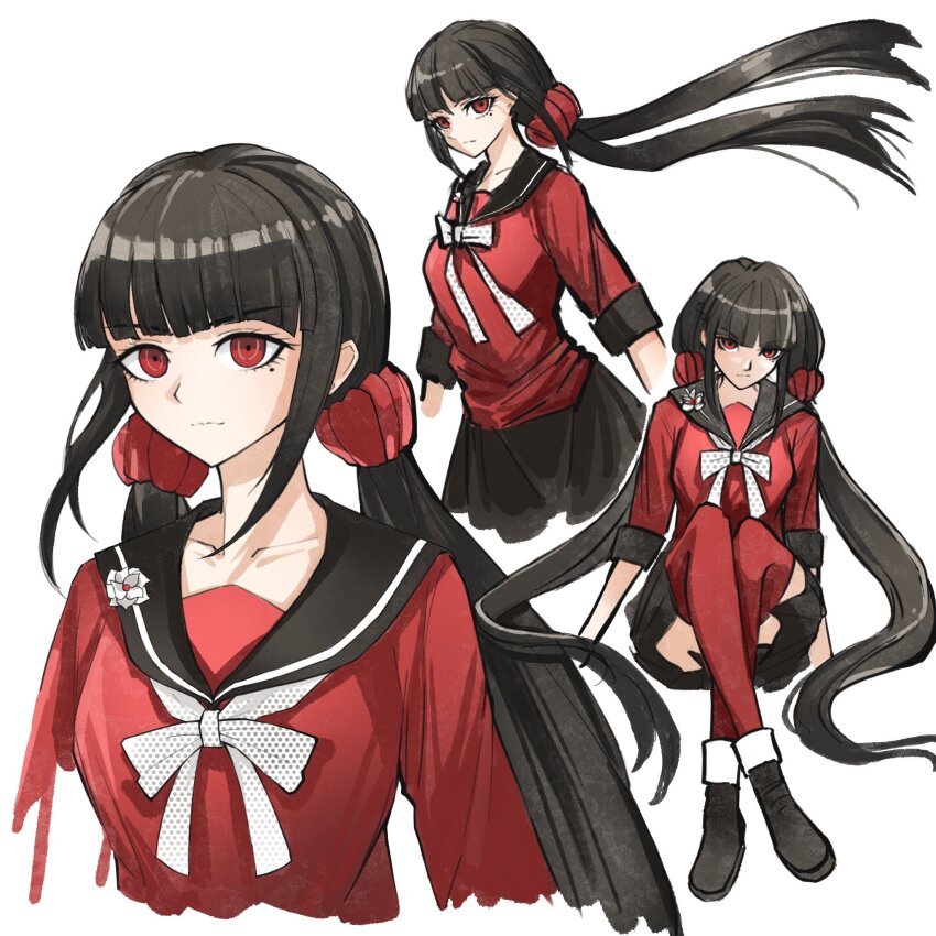 1girl black_hair danganronpa_(series) danganronpa_v3:_killing_harmony harukawa_maki highres looking_at_viewer low_twintails miniskirt mole mole_under_eye red_eyes red_shirt red_thighhighs sailor_collar school_uniform shirt skirt solo thighhighs twintails yashiro_hakutyou