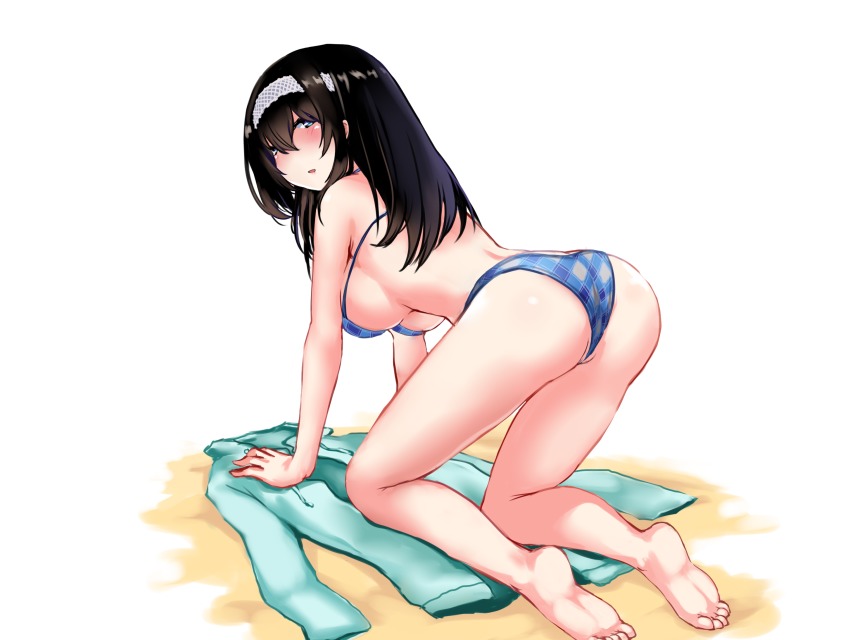 1girl ass barefoot bikini black_hair blue_bikini blue_eyes blush breasts commentary_request feet female_focus hairband highres hu_sea idolmaster idolmaster_cinderella_girls jacket long_hair looking_at_viewer looking_back medium_breasts sagisawa_fumika sideboob simple_background soles solo swimsuit thighs toes underboob white_background