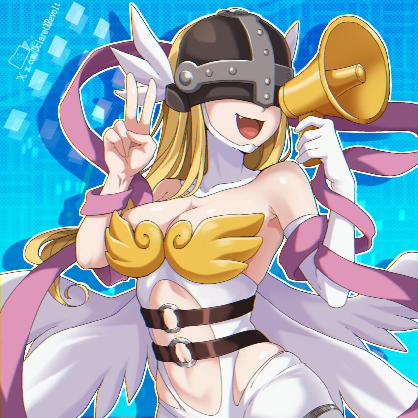 1girl angel angewomon bare_shoulders blonde_hair blue_background boobplate breastplate breasts clothing_cutout dclaret digimon digimon_(creature) fang highres holding holding_megaphone large_breasts long_hair megaphone navel solo stomach_cutout upper_body v