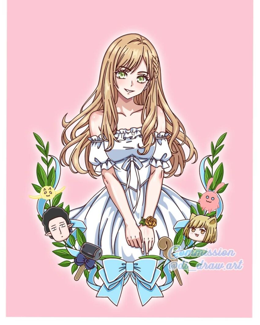 1boy 2girls bare_shoulders black_hair blonde_hair blue_bow bow braid breasts commentary commission detached_sleeves di_draw.art dress dual_persona english_commentary green_eyes highres instagram_username kinoshita_akane mallet medium_breasts multiple_girls pointy_ears puffy_detached_sleeves puffy_sleeves side_braid staff strapless strapless_dress watermark white_dress yamada-kun_to_lv999_no_koi_wo_suru yamada_akito