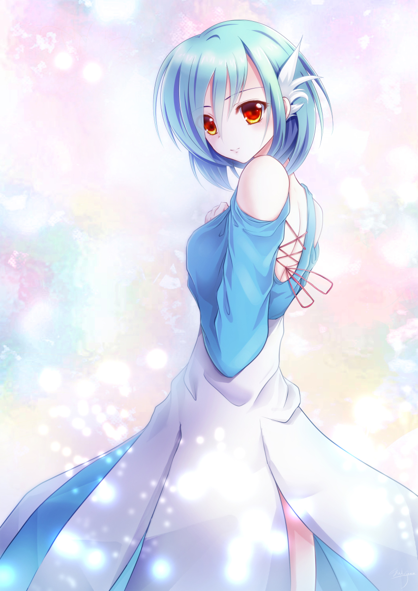 1girl absurdres bare_shoulders dress female_focus gardevoir gen_3_pokemon green_hair highres looking_at_viewer multicolored_hair nintendo personification pokemon red_eyes solo turning_head two-tone_hair white_hair yuitsuki1206