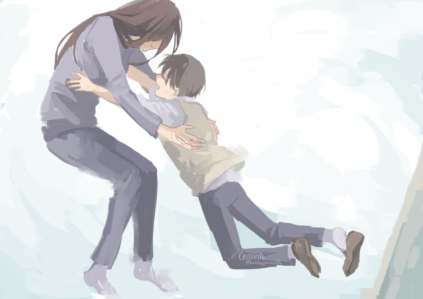 absurdres black_hair criteria full_body grin highres imminent_hug jumping kim_dokja lee_sookyung long_sleeves mother_and_son oldest_dream omniscient_reader&#039;s_viewpoint outstretched_arms reaching reaching_towards_another shirt short_hair smile squatting vest white_shirt yellow_vest