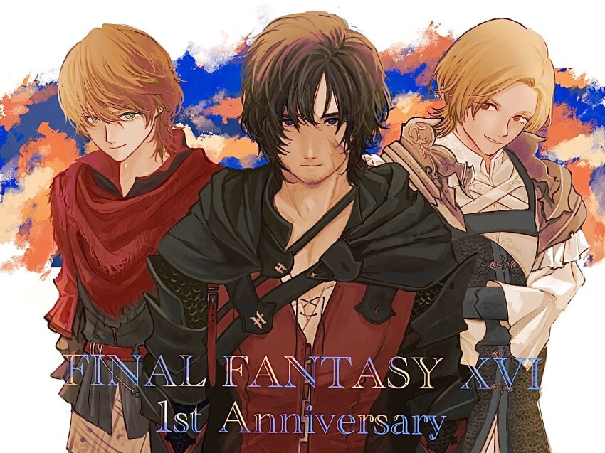 3boys anniversary armor beard_stubble black_armor black_cloak black_hair blonde_hair brown_eyes clive_rosfield cloak copyright_name dion_lesage facial_hair facial_scar final_fantasy final_fantasy_xvi hair_between_eyes highres joshua_rosfield light_smile multiple_boys onigiruru parted_bangs parted_lips red_scarf red_vest scar scar_on_cheek scar_on_face scarf short_hair smile stubble swept_bangs upper_body vest