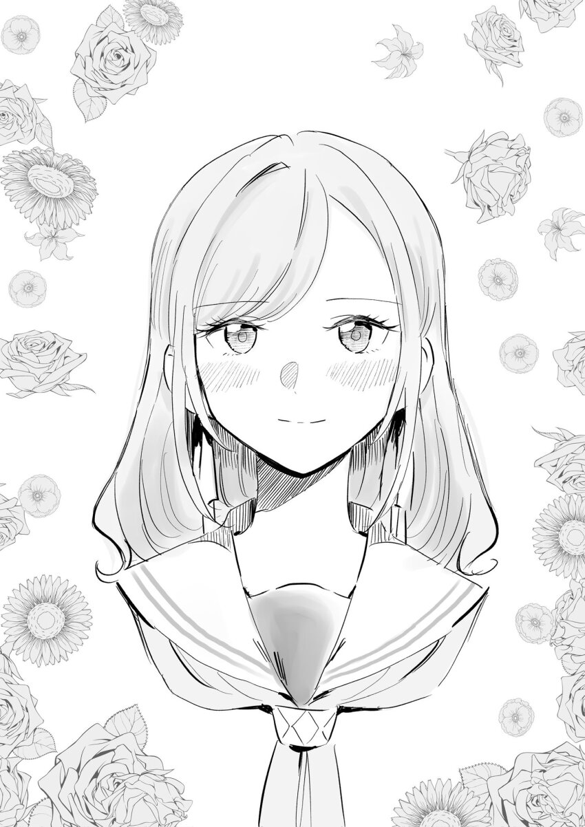 1girl blush ceras_yanagida_lilienfeld closed_mouth commentary cropped_shoulders erako9 floral_background flower hair_ribbon hasu_no_sora_school_uniform highres lily_(flower) link!_like!_love_live! long_hair looking_at_viewer love_live! neckerchief ribbon rose sailor_collar school_uniform smile solo split_mouth sunflower white_background winter_uniform