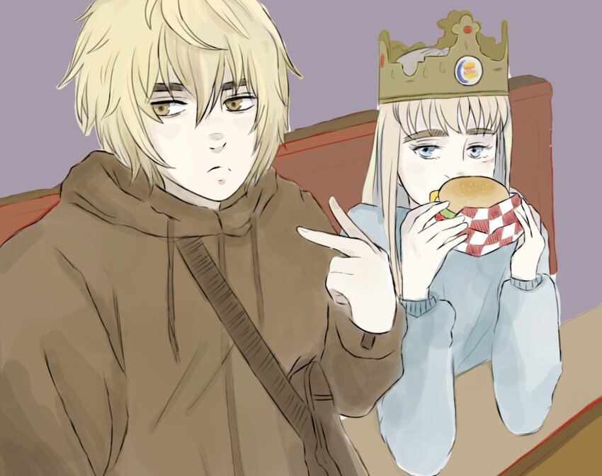 2boys alternate_costume arms_on_table bag bench blonde_hair blue_eyes blue_sweater brown_eyes brown_hoodie burger burger_king canute cheese closed_mouth contemporary crown eating eyelashes fast_food food hair_between_eyes holding holding_food hood hoodie looking_at_viewer male_focus mentamary multiple_boys purple_background salad shoulder_bag simple_background sweater table thorfinn v vinland_saga
