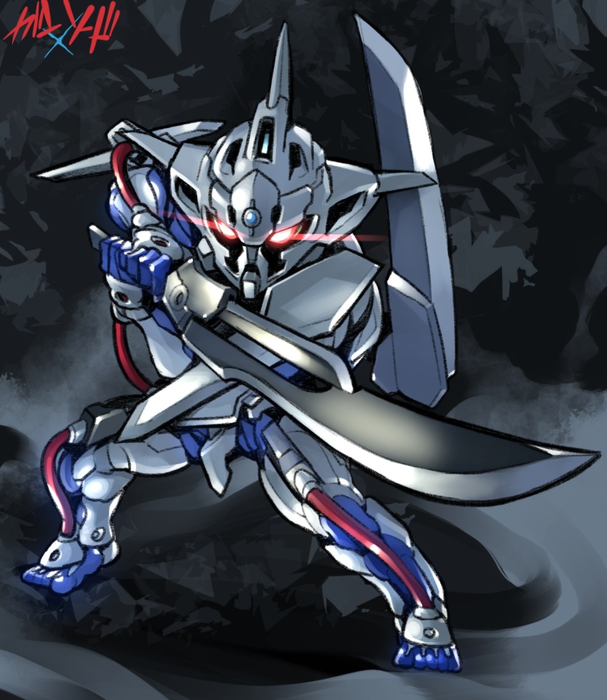 dann_of_thursday fighting_stance full_body glowing glowing_eyes gunxsword highres kato_takuji looking_at_viewer mecha no_humans red_eyes robot solo standing sword weapon