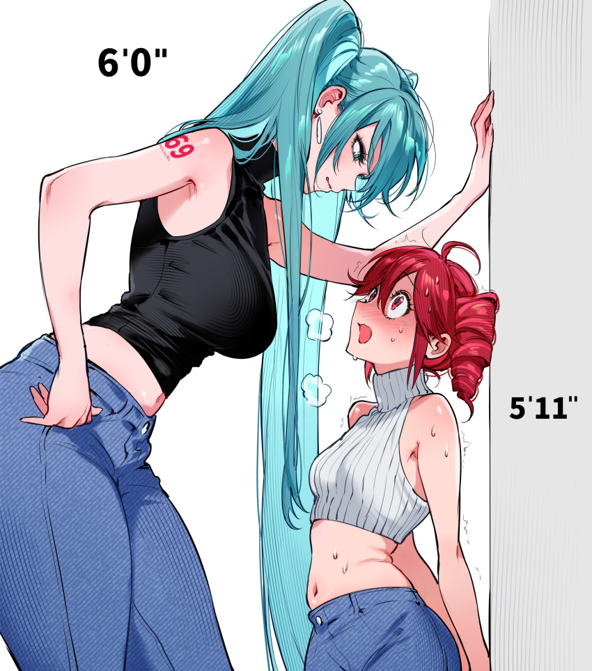 2girls absurdres ahoge aqua_eyes aqua_hair arm_tattoo arms_behind_back bare_arms bare_shoulders black_shirt blue_pants blush breasts character_name crop_top cropped_sweater denim drill_hair earrings eyelashes from_side hair_between_eyes hand_on_own_hip hand_on_wall hatsune_miku height_chart height_difference highres jeans jewelry kabedon kasane_teto large_breasts licking_lips long_hair looking_at_another looking_down looking_up meme midriff multiple_girls navel number_tattoo open_mouth pants qiandaiyiyu red_eyes red_hair ribbed_sweater shirt sidelocks size_difference sleeveless sleeveless_shirt sleeveless_sweater sleeveless_turtleneck small_breasts standing sweat sweater tall_female tall_miku_short_teto_(meme) tattoo thick_thighs thighs tongue tongue_out trembling turtleneck turtleneck_shirt turtleneck_sweater twin_drills twintails twitching utau very_long_hair vocaloid white_sweater yuri