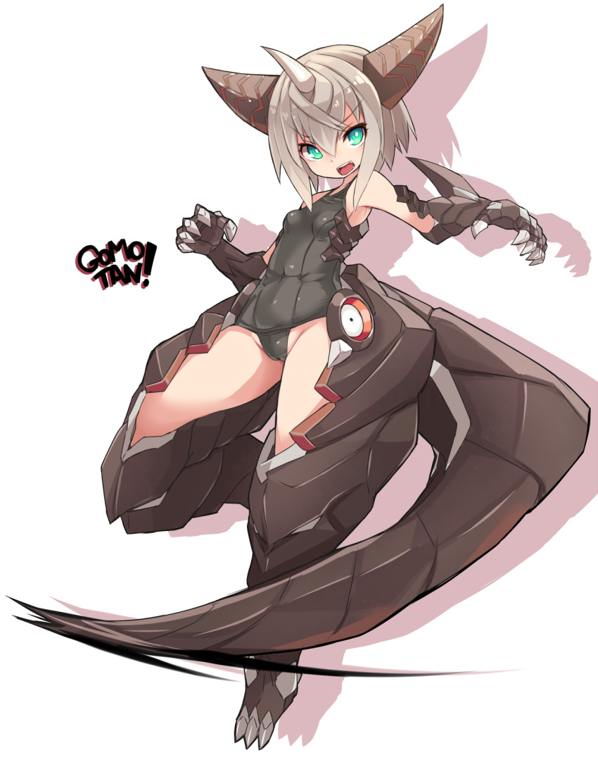 1girl bare_shoulders black_one-piece_swimsuit breasts cameltoe commentary_request covered_navel full_body gomora green_eyes grey_hair groin hair_between_eyes highres horns karukan_(monjya) looking_at_viewer old_school_swimsuit one-piece_swimsuit open_mouth school_swimsuit small_breasts solo standing standing_on_one_leg swimsuit ultra_kaijuu_gijinka_keikaku ultra_series v-shaped_eyebrows white_background