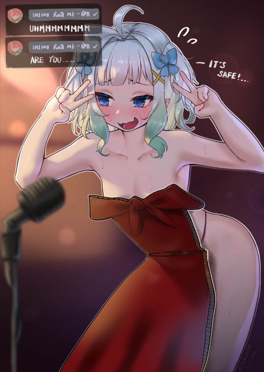 1girl @_@ ahoge alternate_costume blue_eyes blurry blush breasts cardboard_cutout collarbone commentary depth_of_field double_v dress english_commentary english_text flying_sweatdrops gradient_hair green_hair hair_ornament hairclip highres hololive hololive_english indie_virtual_youtuber kanchigai looking_at_viewer microphone microphone_stand mint_fantome multicolored_hair navel open_mouth pointy_ears red_dress short_hair small_breasts solo stomach takanashi_kiara talking triangular_headpiece two-tone_hair two_side_up v virtual_youtuber wavy_hair wavy_mouth white_hair x_hair_ornament