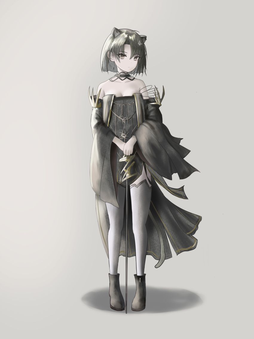 1girl absurdres animal_ears arknights bare_shoulders boots breasts cane cat_ears cat_tail cleavage expressionless green_hair highres kcar66t looking_at_viewer mandragora_(arknights) medium_breasts short_hair simple_background solo tail thighhighs