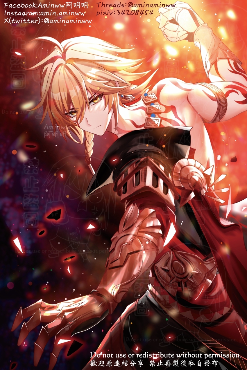 1boy aminww_amingming arm_tattoo armlet black_coat black_pants blonde_hair braid cape chinese_commentary clawed_gauntlets coat commentary_request earrings facebook_username facial_tattoo gold_earrings gold_necklace gradient_hair hair_between_eyes highres honkai:_star_rail honkai_(series) instagram_username jewelry male_focus medium_hair multicolored_hair mydei_(honkai:_star_rail) necklace open_clothes open_coat pants red_cape red_hair red_tattoo side_braid solo tattoo toned toned_male twitter_username watermark yellow_eyes