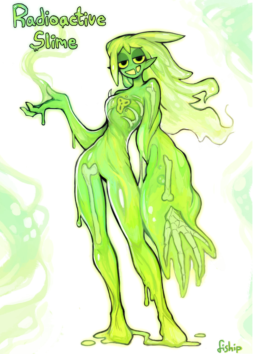 1girl absurdres artist_name bone breasts commentary core english_commentary english_text full_body half-closed_eyes hand_up highres looking_at_viewer matilda_fiship medium_breasts monster_girl original pointy_ears see-through_body slime_girl smile smiley_face solo white_background yellow_eyes