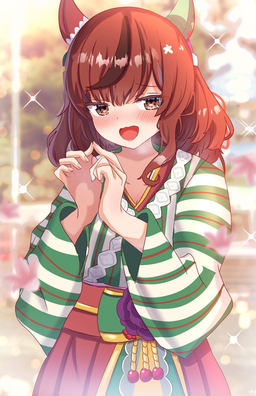 1girl absurdres alternate_costume animal_ears blurry blurry_background blush brown_eyes collarbone commentary_request ear_covers fidgeting hair_ornament heavy_breathing highres horse_ears horse_girl japanese_clothes kimono long_hair looking_at_viewer medium_hair namo_pic nice_nature_(converging_wishes)_(umamusume) nice_nature_(umamusume) official_alternate_costume open_mouth red_hair solo sparkle umamusume