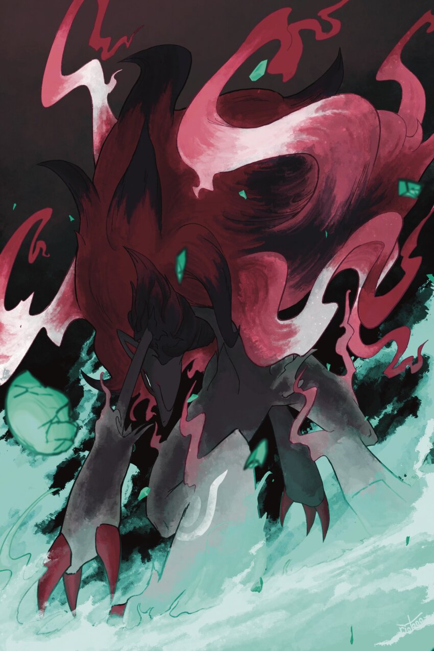 absurdres black_fur blank_eyes blue_fire body_fur claws colored_tips debris fire from_behind from_below gen_5_pokemon glowing green_fire grey_fur highres hisuian_zoroark long_hair mane multicolored_hair neck_fur nintendo pokemon pokemon_(creature) pokemon_focus red_fur riotono_0643 snout transformation two-tone_fur white_fur zoroark