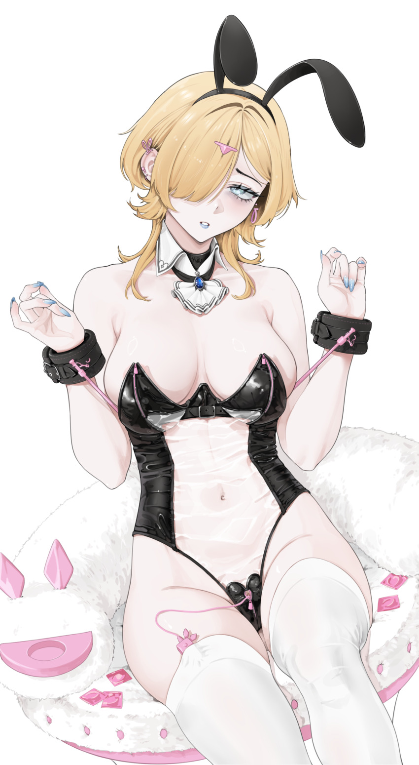 1girl absurdres animal_ears armpit_crease black_leotard black_wrist_cuffs blonde_hair blue_lips blue_nails breasts condom condom_wrapper detached_collar ear_piercing earrings fake_animal_ears feet_out_of_frame fingernails furrowed_brow hair_ornament hair_over_one_eye half-closed_eyes hands_up highres jewelry ku_(kuchurage) large_breasts leotard medium_hair meme_attire navel open_mouth original piercing playboy_bunny rabbit_ears see-through_clothes sex_toy simple_background sitting skin_tight sleeveless solo strapless strapless_leotard thighhighs translucent_bunnysuit vibrator vibrator_cord vibrator_under_clothes white_background white_thighhighs wrist_cuffs