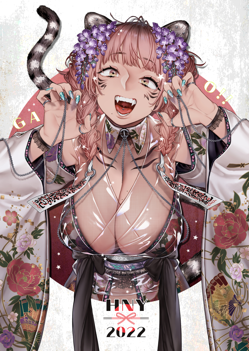 1girl 2022 absurdres animal_ears aqua_nails body_markings bracelet breasts brown_eyes chain chinese_zodiac claw_pose ear_piercing eyelashes eyeshadow facial_mark fangs fingernails floral_print flower gao gold_trim hair_flower hair_ornament happy_new_year highres japanese_clothes jewelry kimono long_eyelashes long_fingernails long_hair makeup mole mole_on_breast nail_art nail_polish new_year o-ring open_mouth original piercing pink_hair pinky_ring purple_flower ring rororogi_mogera see-through_clothes solo star_(symbol) tail talisman teeth thumb_ring tiger_ears tiger_tail tongue tongue_piercing uvula whisker_markings white_kimono year_of_the_tiger