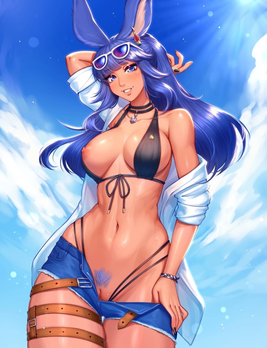 animal_ears bikini blue_eyes blue_hair choker clothes_pull commission denim denim_shorts eyewear_on_head final_fantasy final_fantasy_xiv highres nipple_slip nipples ponytail pubic_hair rabbit rabbit_ears second-party_source shion_(blue_bnnuy) shorts shorts_pull summer swimsuit thigh_strap viera w33ping_cat warrior_of_light_(ff14)