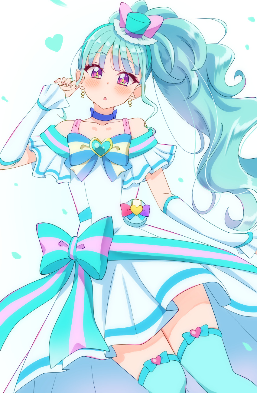1girl absurdres aqua_hair aqua_hairband aqua_hat aqua_thighhighs blue_choker blue_eyes bow bowtie brooch choker cure_lillian dress earrings gloves hairband half_gloves hat heart heart_brooch highres jewelry long_hair magical_girl mini_hat mini_top_hat nekoyashiki_mayu off-shoulder_dress off_shoulder open_mouth precure purple_eyes side_ponytail solo striped_bow striped_bowtie striped_clothes sugimura_mickey thighhighs top_hat white_dress white_gloves wonderful_precure!