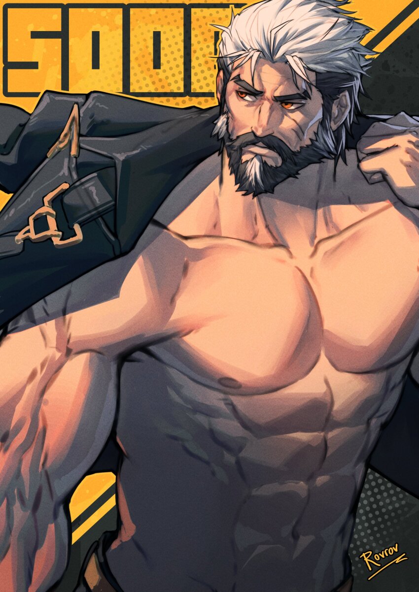 1boy abs absurdres artist_name bara bare_pectorals beard biceps black_hair closed_mouth collarbone commentary english_commentary facial_hair highres jacket jacket_on_shoulders looking_to_the_side male_focus multicolored_hair muscular muscular_male navel nipples pectorals pompey_(zenless_zone_zero) rovrov white_hair zenless_zone_zero