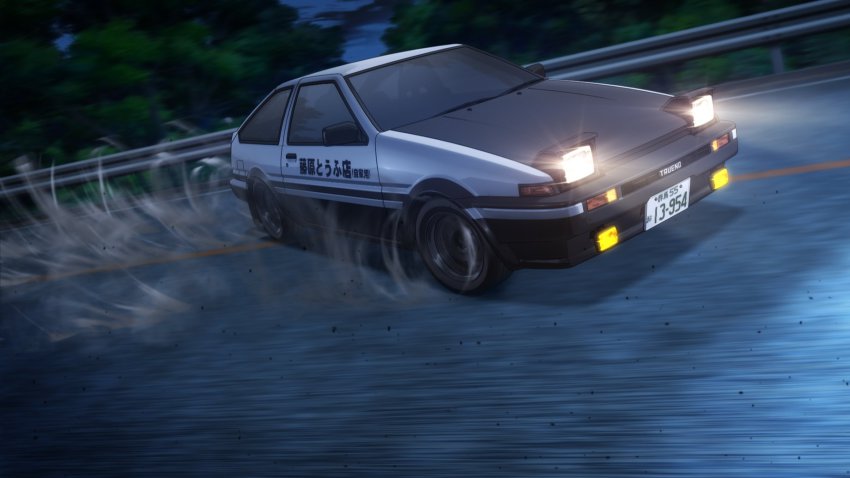 3d ae86 car drifting forest from_side highres initial_d lights motion_blur motor_vehicle nature night night_sky no_humans official_art road sky smoke toyota toyota_sprinter_trueno tree vehicle_focus