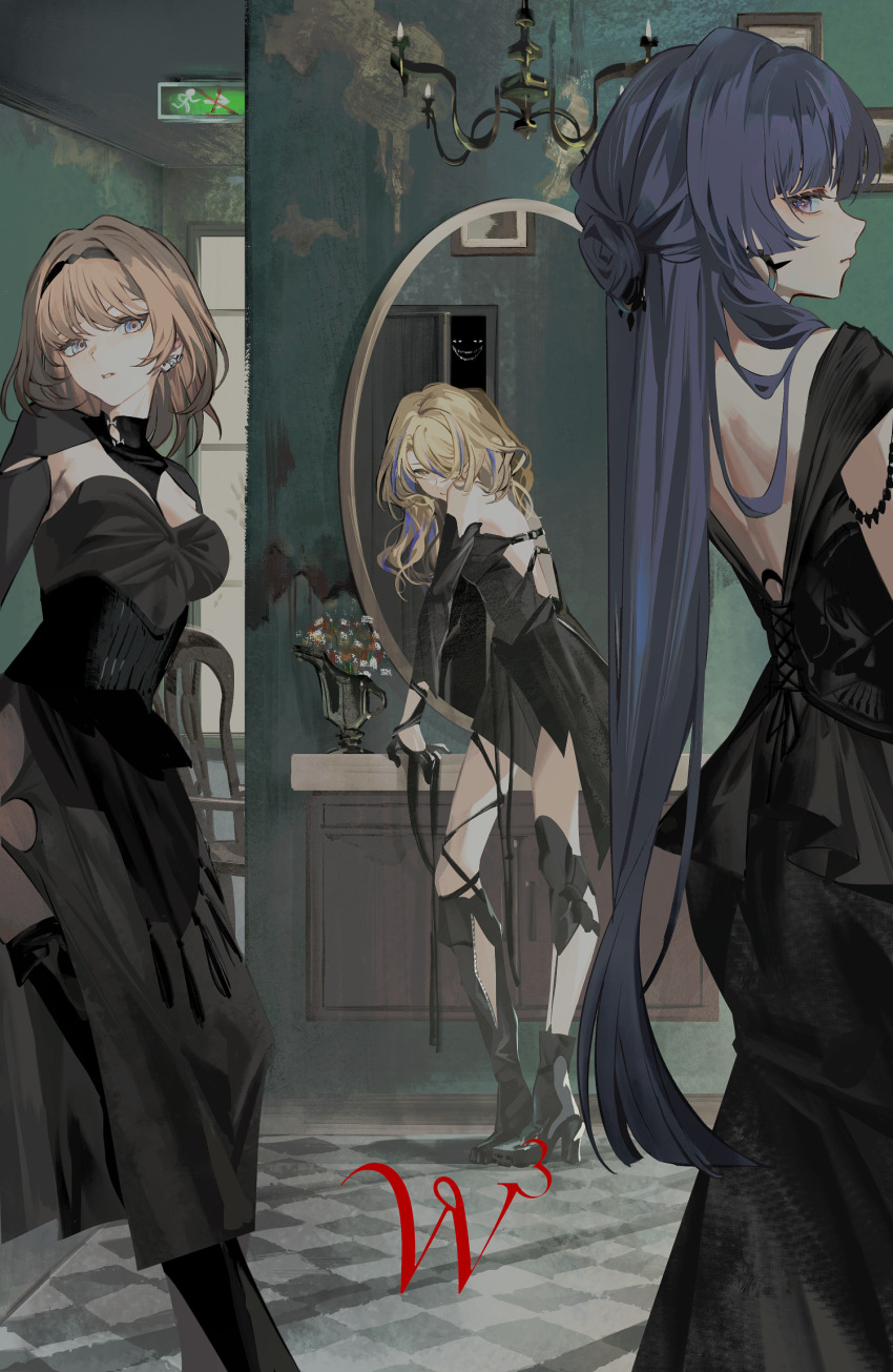 3girls alice_margatroid alternate_costume black_dress blonde_hair brown_hair chandelier commentary dress highres indoors kirisame_marisa long_hair mirror multiple_girls patchouli_knowledge purple_hair reeh_(yukuri130) reflection short_hair touhou