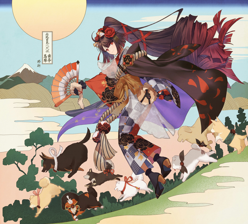 1girl ahoge bernese_mountain_dog breasts brown_hair checkered_clothes checkered_kimono dog fate/grand_order fate_(series) floral_print flower folding_fan full_body german_shepherd golden_retriever grey_kimono hair_flower hair_ornament hair_ribbon hand_fan highres hiiragi_(karashriker) husky japanese_clothes kimono kyokutei_bakin_(fate) kyokutei_bakin_(second_ascension)_(fate) long_hair long_sleeves looking_at_viewer medium_breasts multicolored_kimono ponytail red_eyes red_kimono red_ribbon revision ribbon rope samoyed_(dog) sash shiba_inu smile very_long_hair welsh_corgi wide_sleeves