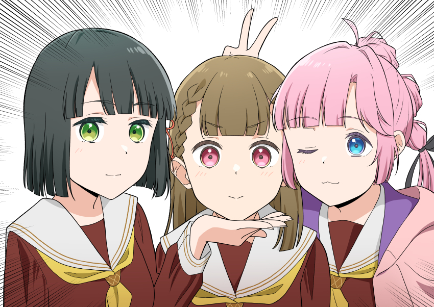 3girls :&gt; ;3 absurdres ahoge anyoji_hime black_hair black_ribbon blue_eyes blunt_bangs blunt_ends braid brown_dress brown_hair bunny_ears_prank center-flap_bangs closed_mouth commentary dress emphasis_lines flower_knot green_eyes hair_ribbon hand_on_another&#039;s_chin hasu_no_sora_school_uniform highres hood hooded_jacket jacket kachimachi_kosuzu like_and_redraw_challenge link!_like!_love_live! long_hair long_sleeves looking_at_another looking_at_viewer love_live! momose_ginko multi-tied_hair multiple_girls neckerchief ohrinas one_eye_closed open_clothes open_jacket pink_eyes pink_hair pink_jacket ponytail redrawn ribbon sailor_collar sailor_dress school_uniform short_hair side_braids sidelocks simple_background split_mouth straight_hair swept_bangs upper_body v virtual_youtuber white_background white_sailor_collar winter_uniform yellow_neckerchief