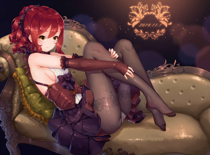 10s 1girl 2014 back-seamed_legwear bare_shoulders black_pantyhose blush bow breasts brown_eyes corset couch curly_hair dated detached_sleeves fangxiang_cuoluan feet female_focus green_upholstery highres lying no_shoes open_m/ original panties panties_under_pantyhose pantyhose pantyshot red_hair seamed_legwear short_hair sideboob skirt small_breasts solo underwear upskirt white_panties