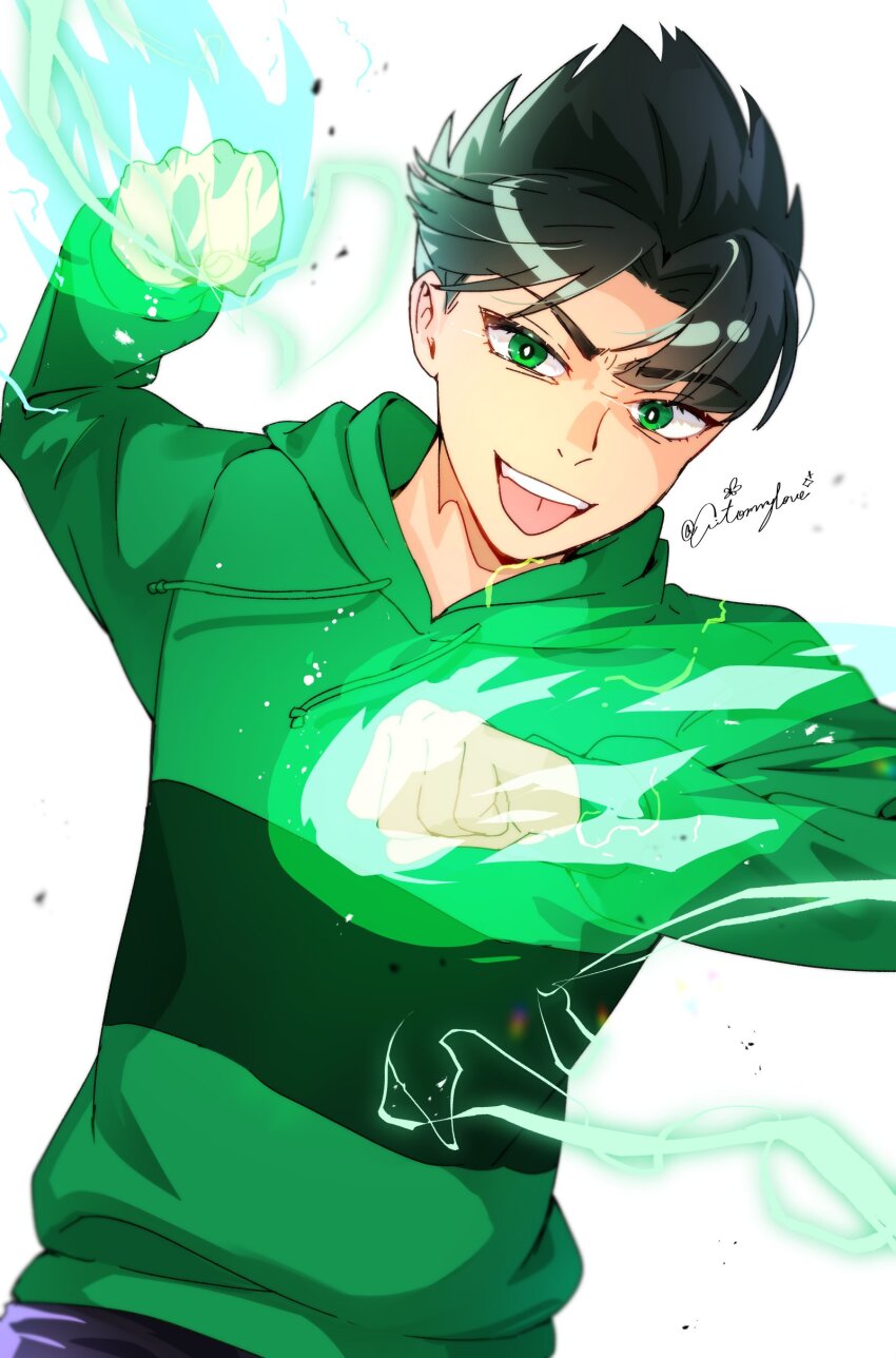1boy absurdres aged_up aitommylove black_hair blunt_bangs butch_(ppg) energy_fist green_eyes green_hoodie highres hood hoodie long_sleeves looking_at_viewer male_focus open_mouth parted_bangs powerpuff_girls rowdyruff_boys short_hair solo spiked_hair striped_clothes striped_hoodie tongue tongue_out