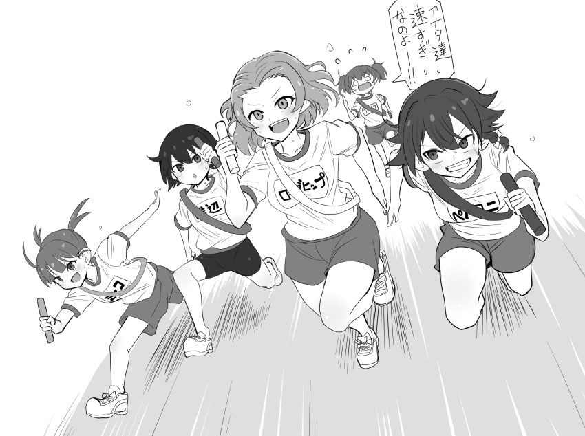 5girls alisa_(girls_und_panzer) asyura_kumo bike_shorts braid commentary girls_und_panzer grin gym_shirt gym_shorts gym_uniform hair_ribbon highres holding isobe_noriko medium_hair mikko_(girls_und_panzer) multiple_girls name_tag o_o open_mouth pepperoni_(girls_und_panzer) relay_baton relay_race ribbon rosehip_(girls_und_panzer) running sash shirt shoes short_sleeves short_twintails shorts side_braid smile sneakers sweat t-shirt translated twintails
