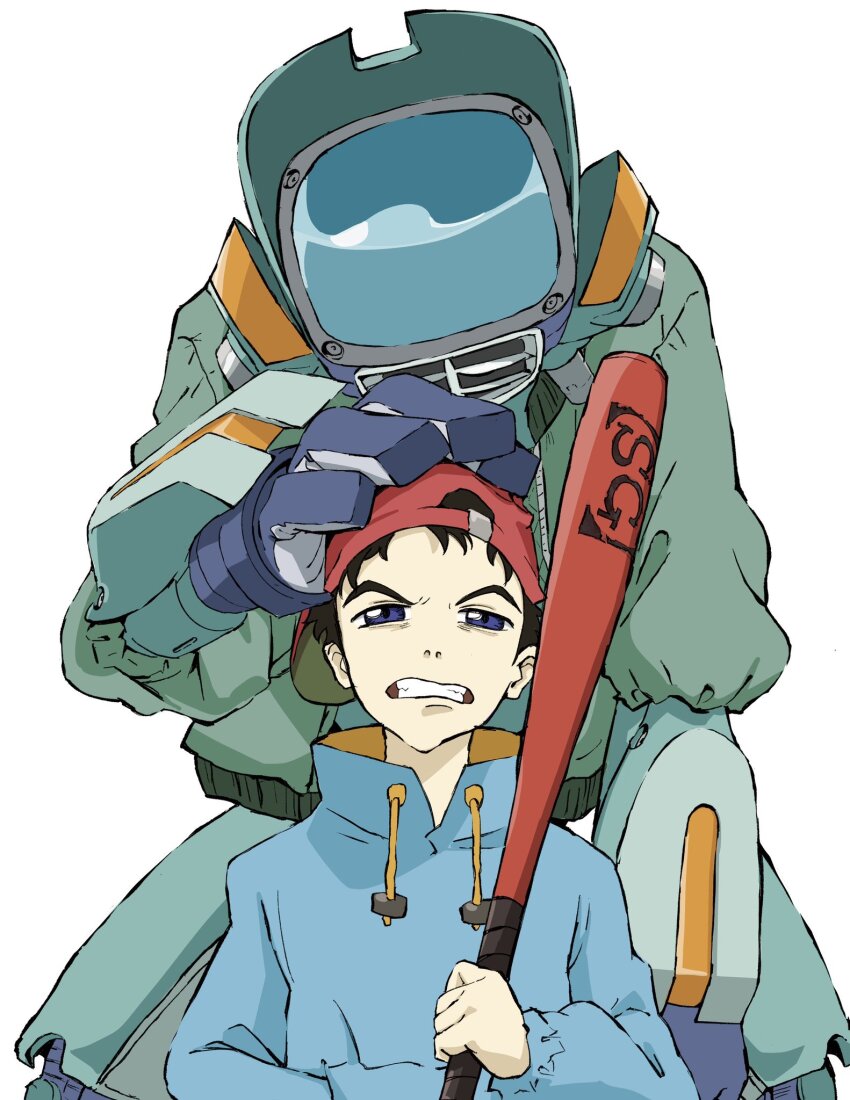 baseball_bat baseball_cap blue_eyes blue_hoodie canti flcl hat highres holding holding_baseball_bat hood hoodie humanoid_robot jacket nandaba_naota pink_punk_ponk robot simple_background size_difference teeth television white_background