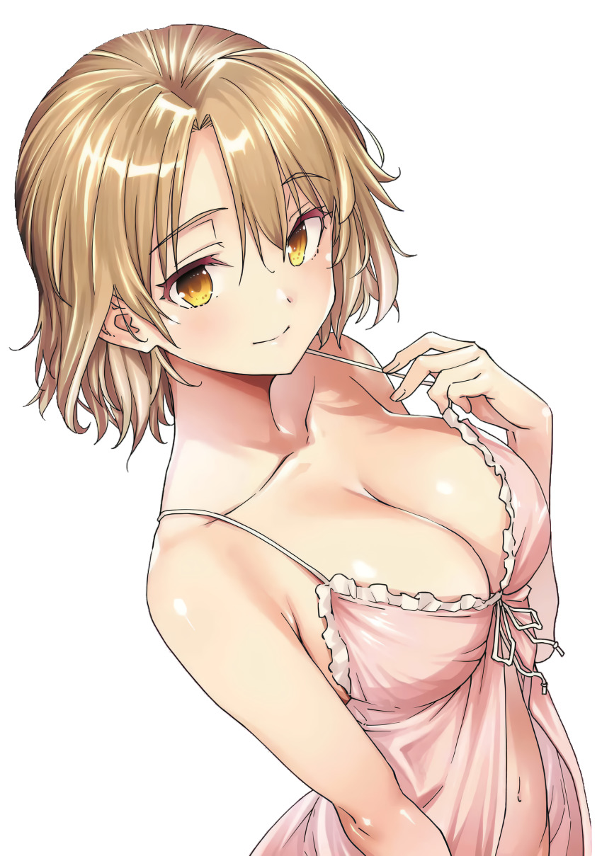 1girl absurdres alpha_transparency artist_request bad_tag blonde_hair breasts cleavage collarbone cover helmet highres light_smile lingerie medium_breasts navel nightgown no_background png_conversion short_hair third-party_edit transparent_background underwear yellow_eyes