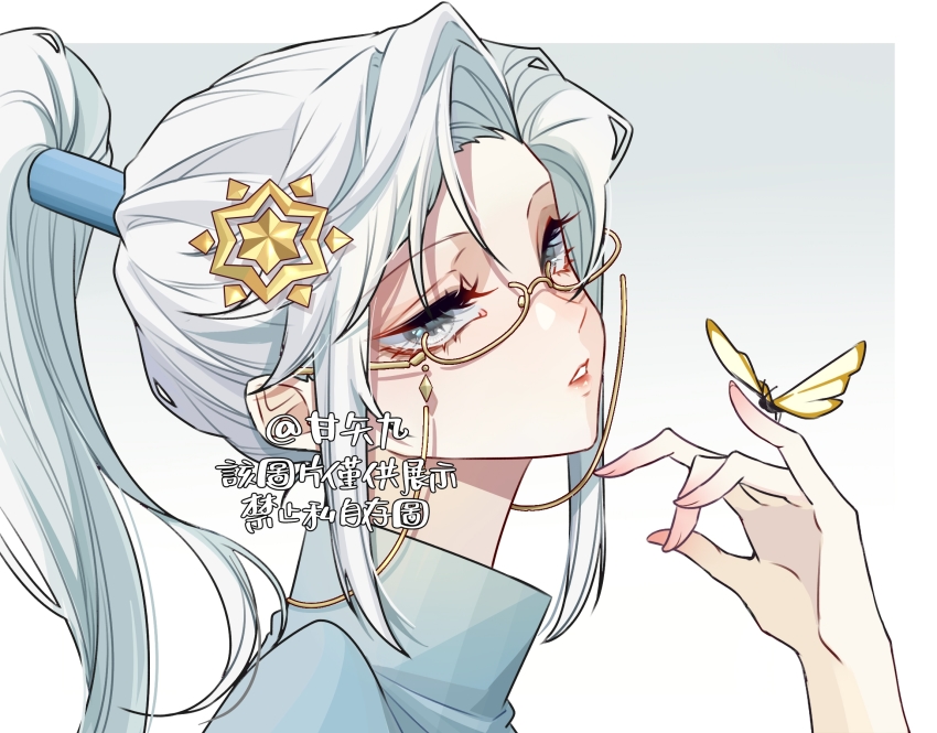 1girl bug butterfly butterfly_on_hand earrings eyewear_strap ganshijiu glasses hair_ornament half-closed_eyes high_ponytail highres insect jewelry ponytail prophet_of_water sky:_children_of_the_light snowflake_hair_ornament