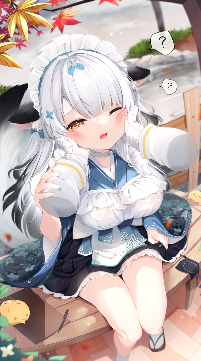 1girl 1other ? @_@ alternate_breast_size animal animal_ears apron autumn_leaves azur_lane bird black_skirt blue_kimono blush branch breasts brown_eyes brown_footwear chick commander_(azur_lane) commentary_request day disembodied_hand frilled_apron frills gloves grey_hair half-closed_eye hands_on_another&#039;s_cheeks hands_on_another&#039;s_face highres japanese_clothes kimono large_breasts leaf long_hair long_sleeves looking_at_viewer maid maid_headdress manjuu_(azur_lane) maple_leaf miyuki_(azur_lane) one_eye_closed open_mouth outdoors pleated_skirt sandals shiira_(nya_rl) sitting skirt socks solo_focus spoken_question_mark tears very_long_hair wa_maid water white_apron white_gloves white_socks wide_sleeves zouri