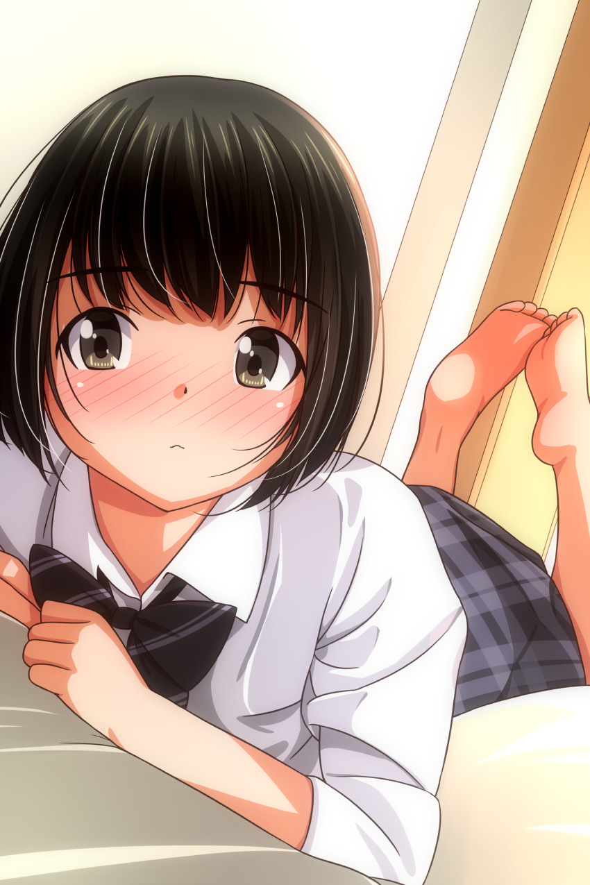 1girl absurdres barefoot black_bow black_bowtie black_hair blush bow bowtie brown_eyes closed_mouth collared_shirt commentary_request feet_up grey_skirt highres long_sleeves looking_at_viewer lying matsunaga_kouyou on_stomach school_uniform shirt short_hair sidelocks skirt soles solo the_pose toes white_shirt