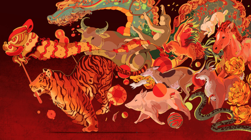 ball bird bull chicken chinese_zodiac commentary dog dragon eastern_dragon english_commentary flower goat horse jdebbiel kite lantern monkey mouse_(animal) mouth_hold original paper_lantern pig rabbit red_background red_theme rooster running snake tiger yellow_flower