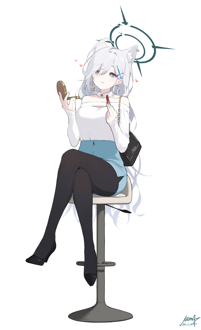 1girl absurdres animal_ears aqua_skirt bare_shoulders black_halo black_pantyhose blue_archive broken_halo chair commentary_request cross cross_hair_ornament crossed_legs extra_ears grey_eyes grey_hair hair_ornament halo highres holding inverted_cross lipstick long_hair makeup mona_kkkk off-shoulder_shirt off_shoulder on_chair pantyhose pencil_skirt shiroko_(blue_archive) shiroko_terror_(blue_archive) shirt simple_background skirt smile solo white_background white_shirt wolf_ears wolf_girl