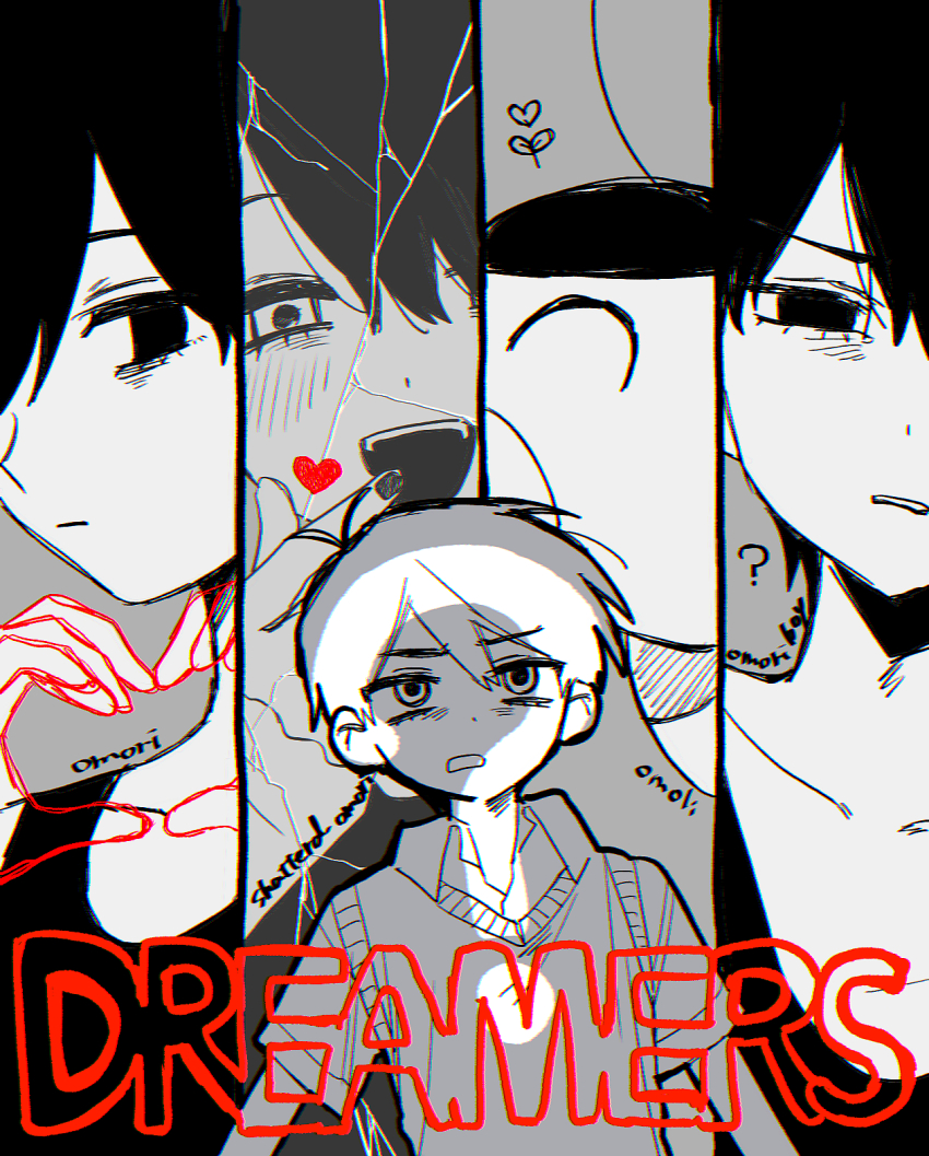4boys ? antenna_hair black_eyes black_hair character_name collared_shirt colored_skin finger_heart heart heart_hands highres male_focus multiple_boys multiple_persona omoli_(omori) omori omori_(omori) omoriboy open_mouth parted_lips rou_(h_s_sinrin) shirt short_hair short_sleeves sprout_mole sunny_(omori) teeth upper_teeth_only white_skin