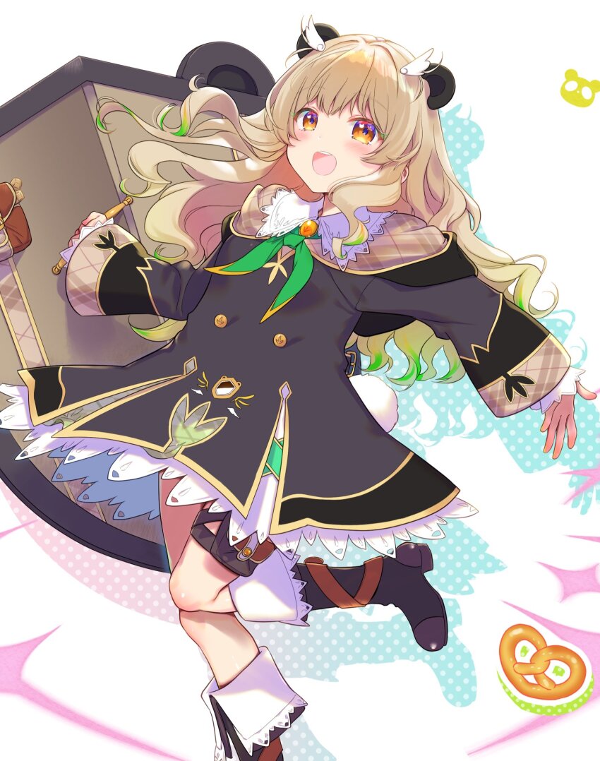 1girl amatsuna_sasaha animal_ears belt blush breasts brown_eyes brown_hair commentary_request food hair_between_eyes hair_ornament highres indie_virtual_youtuber leg_up long_hair looking_at_viewer open_mouth shield simple_background small_breasts solo tail thigh_belt thigh_strap virtual_youtuber winged_hair_ornament
