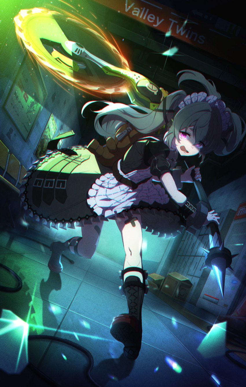 1girl absurdres animal_bag apron bandaid bandaid_on_leg bear_bag black_boots black_dress boots box cardboard_box chromatic_aberration circular_saw corin_wickes cuffs dress full_body green_hair hair_between_eyes highres holding holding_weapon indoors knee_boots long_hair looking_at_viewer maid maid_apron maid_headdress open_mouth puffy_short_sleeves puffy_sleeves purple_eyes saw screw_hair_ornament short_sleeves solo twintails user_ecnk4258 weapon white_apron zenless_zone_zero
