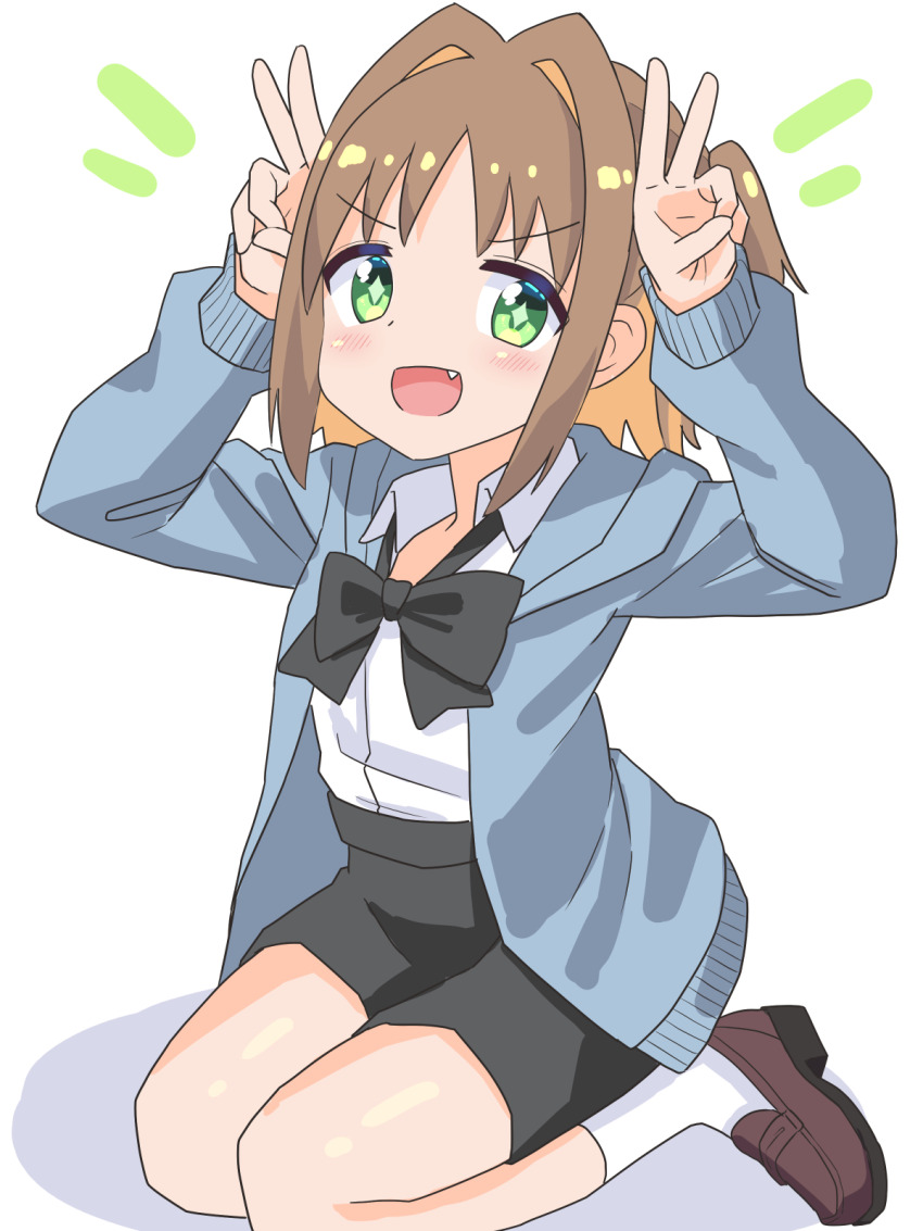 1girl :d black_bow black_bowtie black_shorts blue_jacket bow bowtie brown_hair brown_shoes changaa colored_inner_hair commentary diamond-shaped_pupils diamond_(shape) double_v fang full_body green_eyes hair_intakes hands_up highres jacket light_blush loafers long_sleeves looking_at_viewer multicolored_hair notice_lines oka_asahi onii-chan_wa_oshimai! open_clothes open_jacket open_mouth orange_hair seiza shirt shoes short_hair shorts simple_background sitting smile socks solo symbol-shaped_pupils two-tone_hair two_side_up v white_background white_shirt white_socks wing_collar